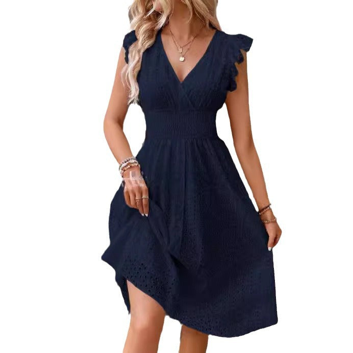 Women's Summer Casual Solid Color Ruffled V-Neck Dress