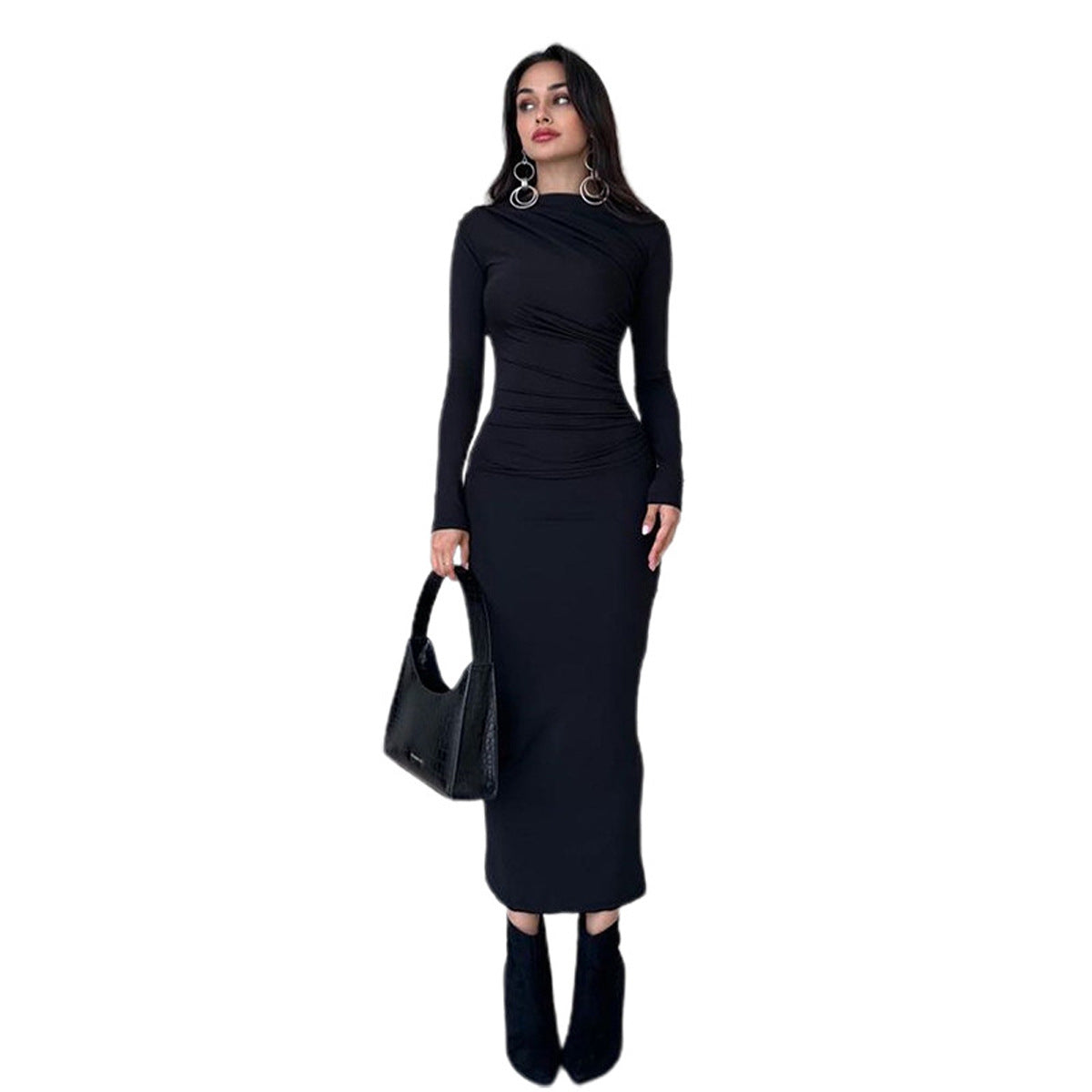 Women's Solid Color Slim-Fit Crewneck Long Sleeve Dress