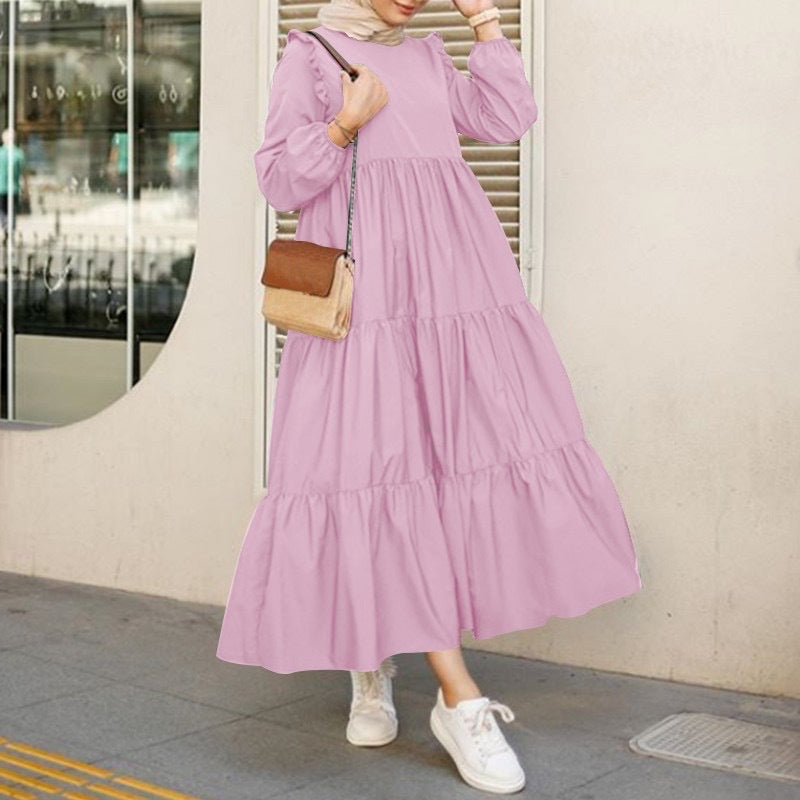 Plus Size Muslim Ruffled Long Sleeves Pleated Hem Solid Color Maxi Dress