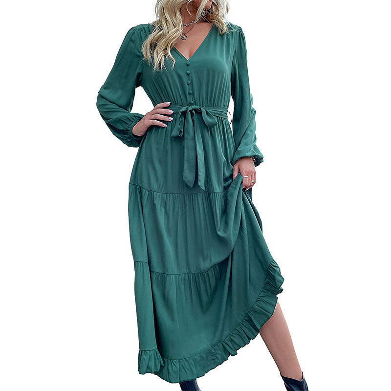 Women's Casual Autumn Winter Long Sleeve Pleated Ruffled Midi Dress