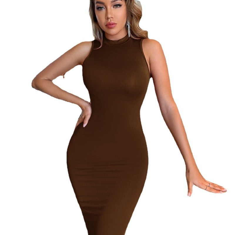 Women's Sleeveless Halter Neck Mid-Waist Bodycon Dress, Summer Solid