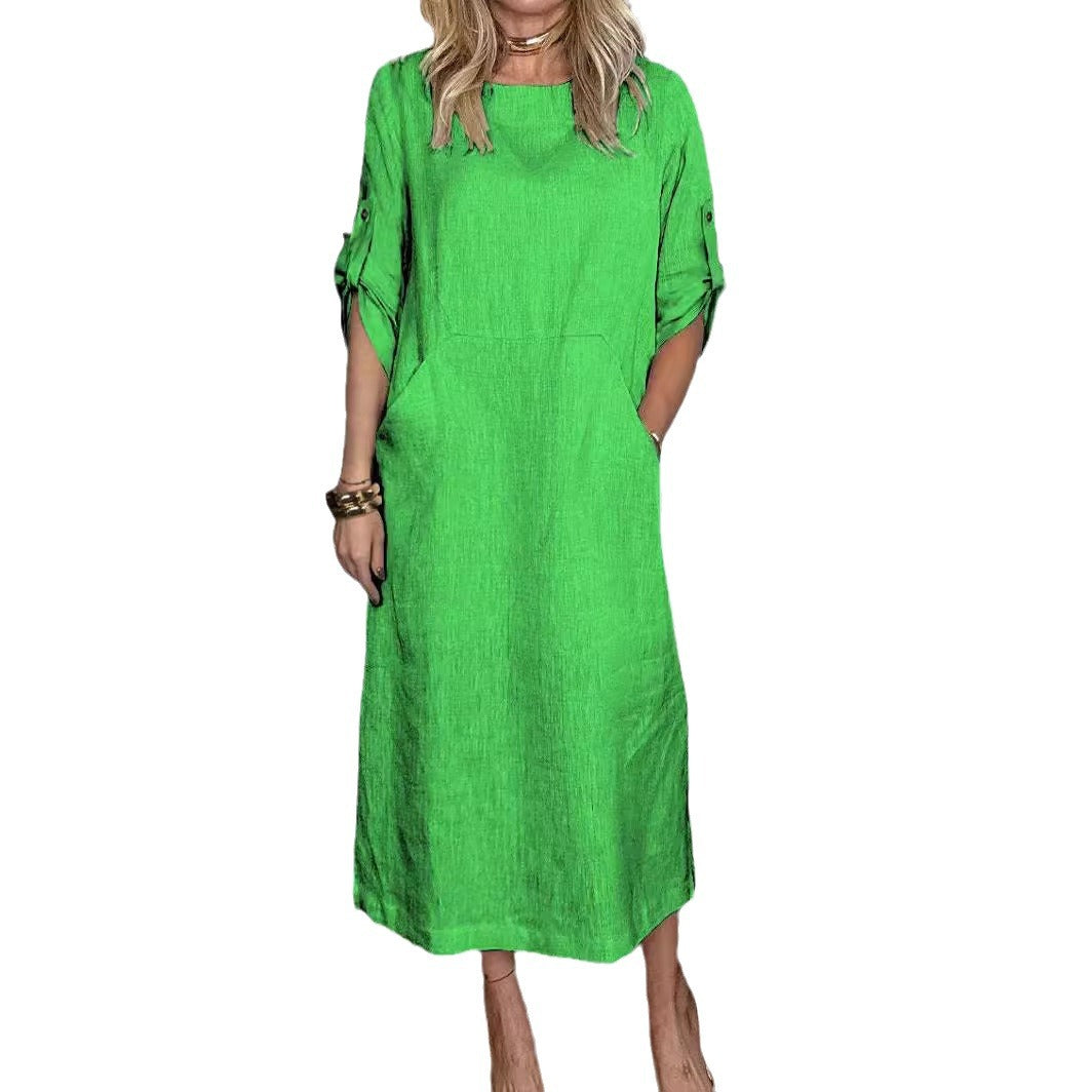 Women's Solid Color Round Neck Short Sleeve Pocket Cotton Linen Maxi Dress