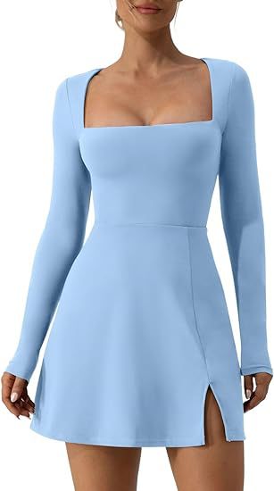 Women's Athleisure Solid Color Square Collar Long Sleeve Mini Dress