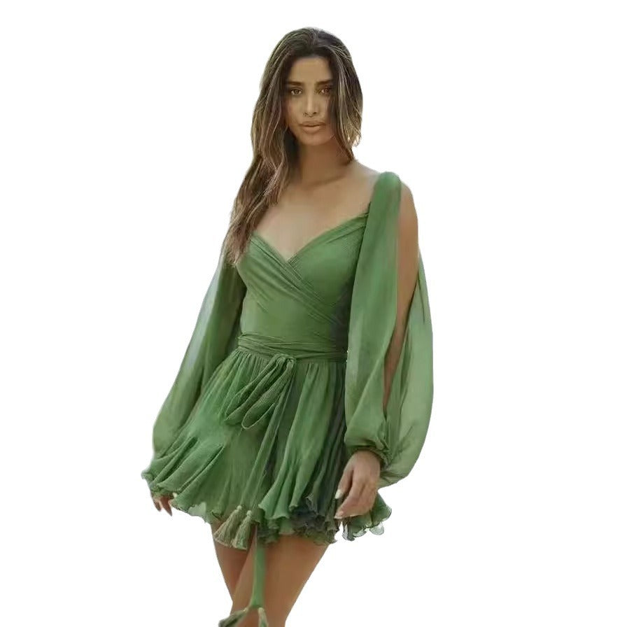 Women's Spring Vacation Sexy Hollow Lantern Sleeve V-Neck Backless Ruffled Dress