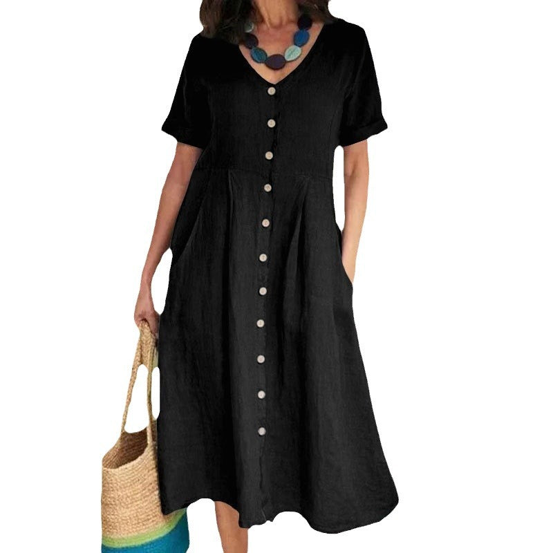 Spring and Summer Solid Color High Waist Cotton Linen Short Sleeve Midi Dress
