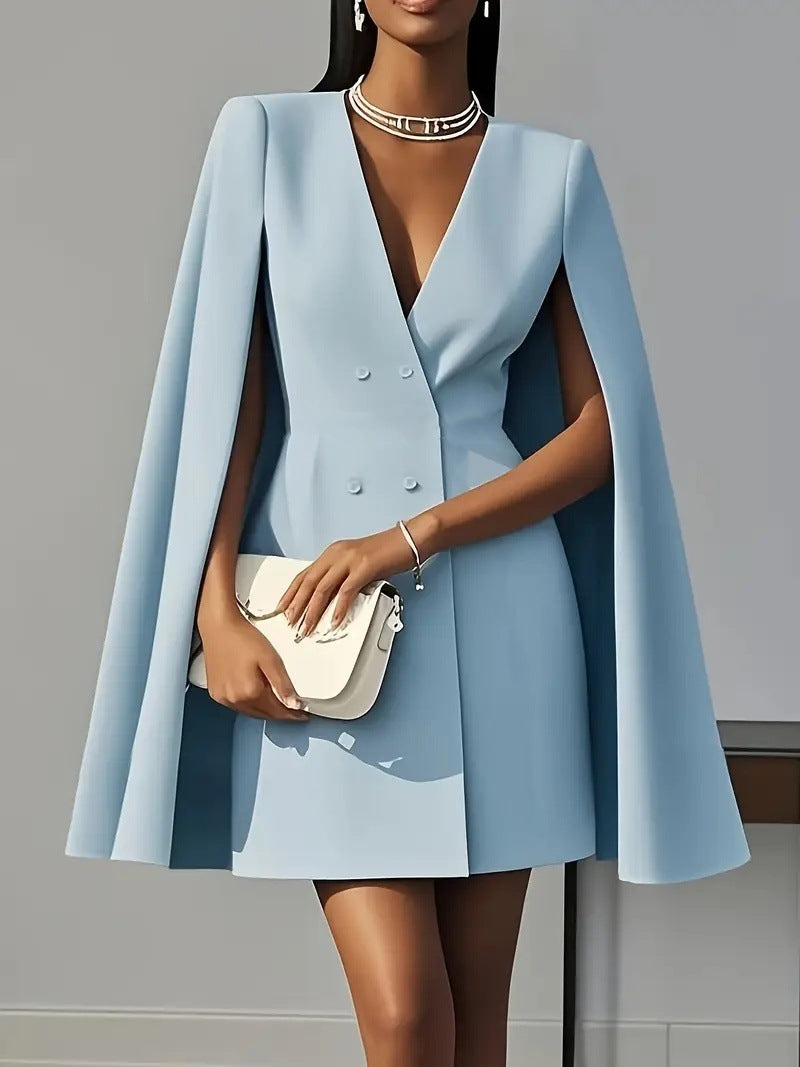 Women's Casual Solid Color Double-Breasted Cape Pleated Dress