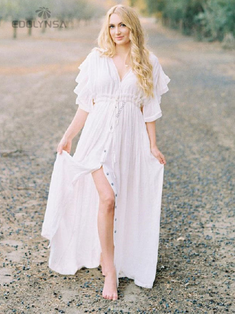 Sexy Deep V-Neck Butterfly Sleeve Self Belted High Waist Button Front Open Dress