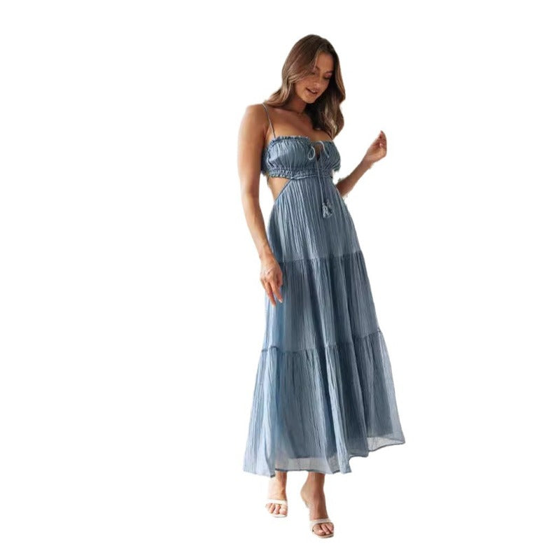 Women's Casual Solid Color Strap Backless Hollow Maxi Dress