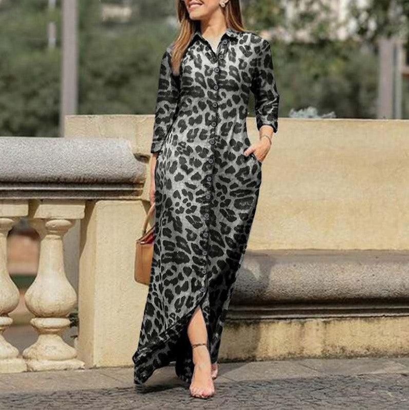 Women's Casual Leopard Print Long Sleeve Button Maxi Shirt Dress