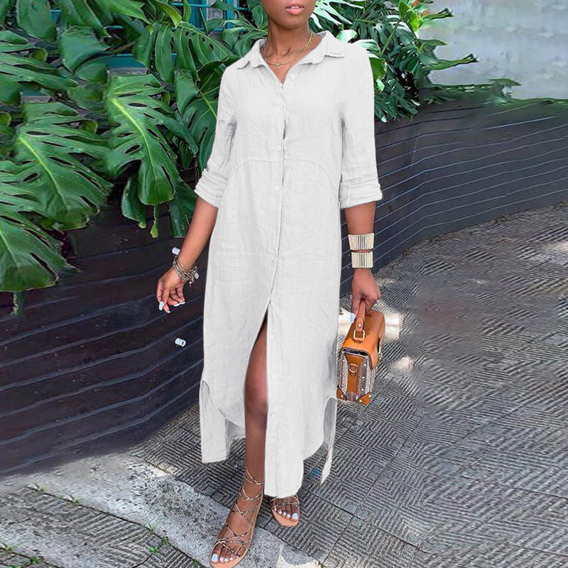 Women's Summer Casual Breathable Cotton Linen Shirt Collar Button-Up Maxi Dress
