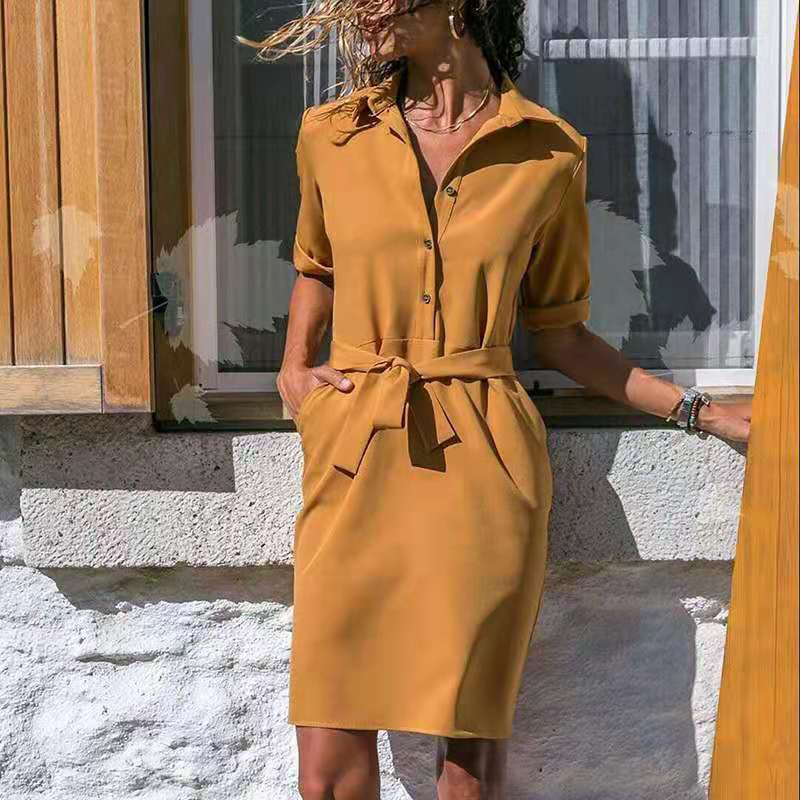 Women's Casual Three-Quarter Sleeve Shirt Lace-Up Dress