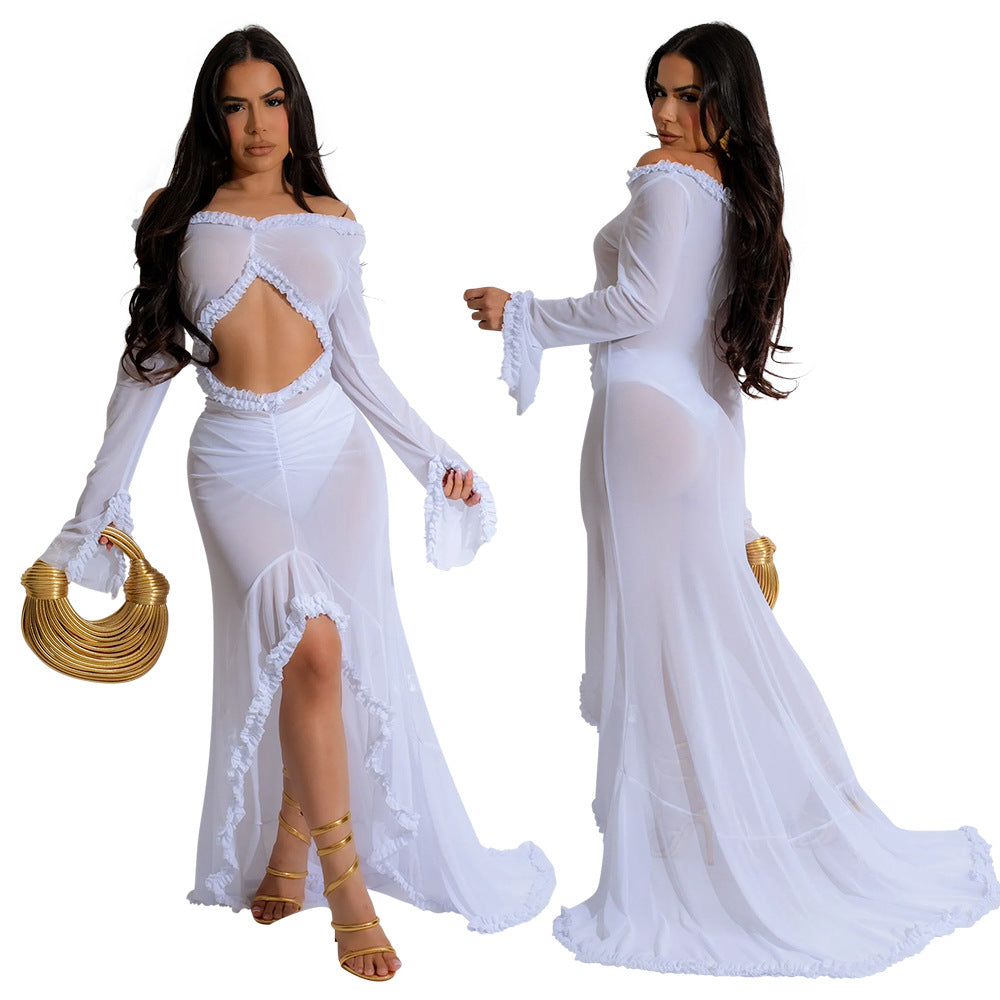 Women's Sexy V-Neck Solid Color Long Sleeve Off-Shoulder Wrap Hip Maxi Dress