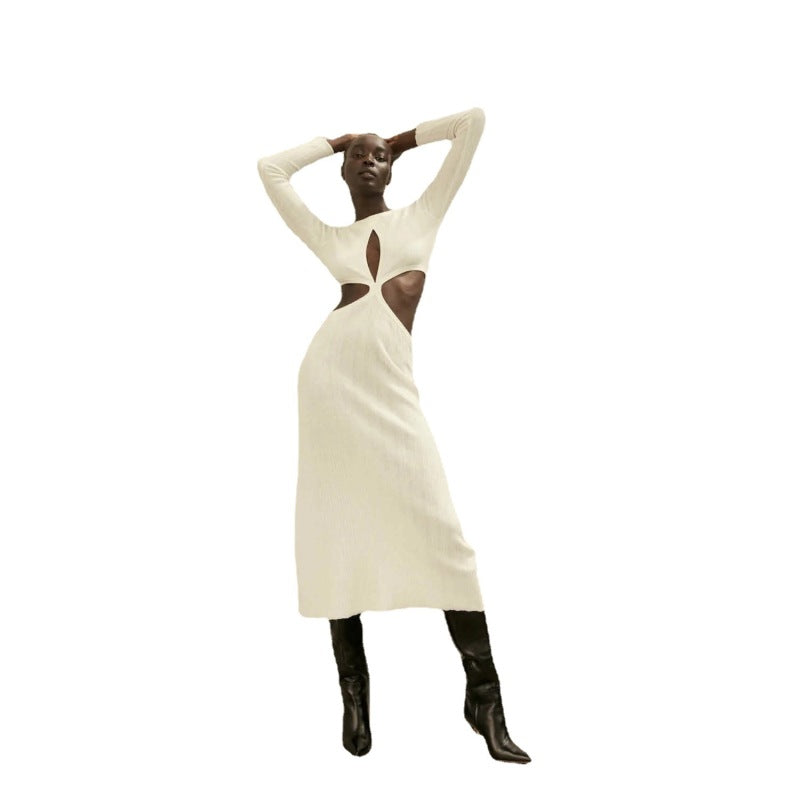 Women's Autumn Winter Long Sleeves Round Neck Hollow Waist Design Midi Dress
