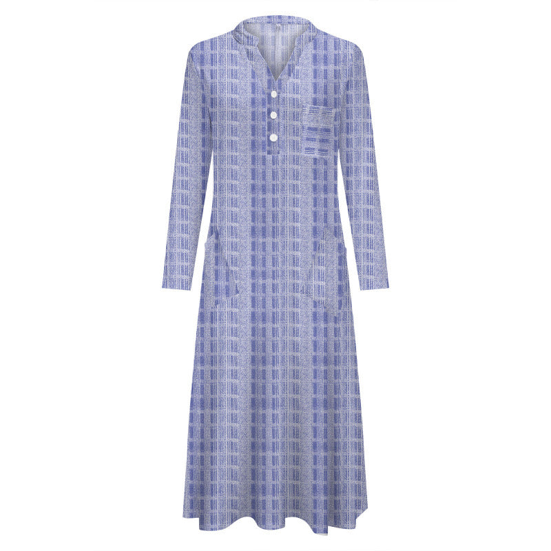 Women's Casual V-Neck Leopard Polka Dot Plaid Print Loose Midi Dress