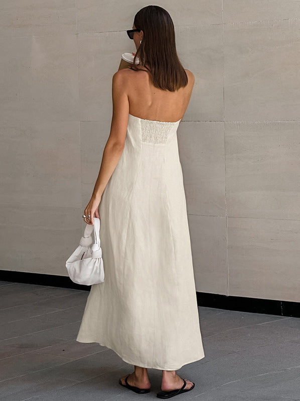 Women's Casual Strapless Cotton Linen Maxi Dress