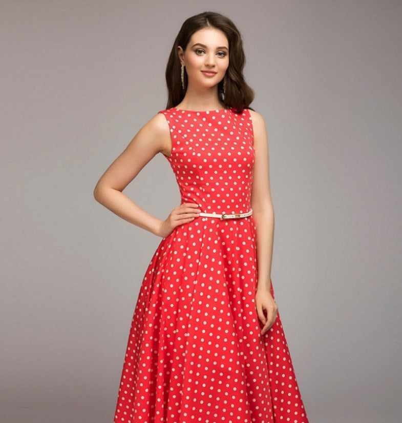 Women's Summer Elegant Vintage Polka Dot Sleeveless Midi Dress