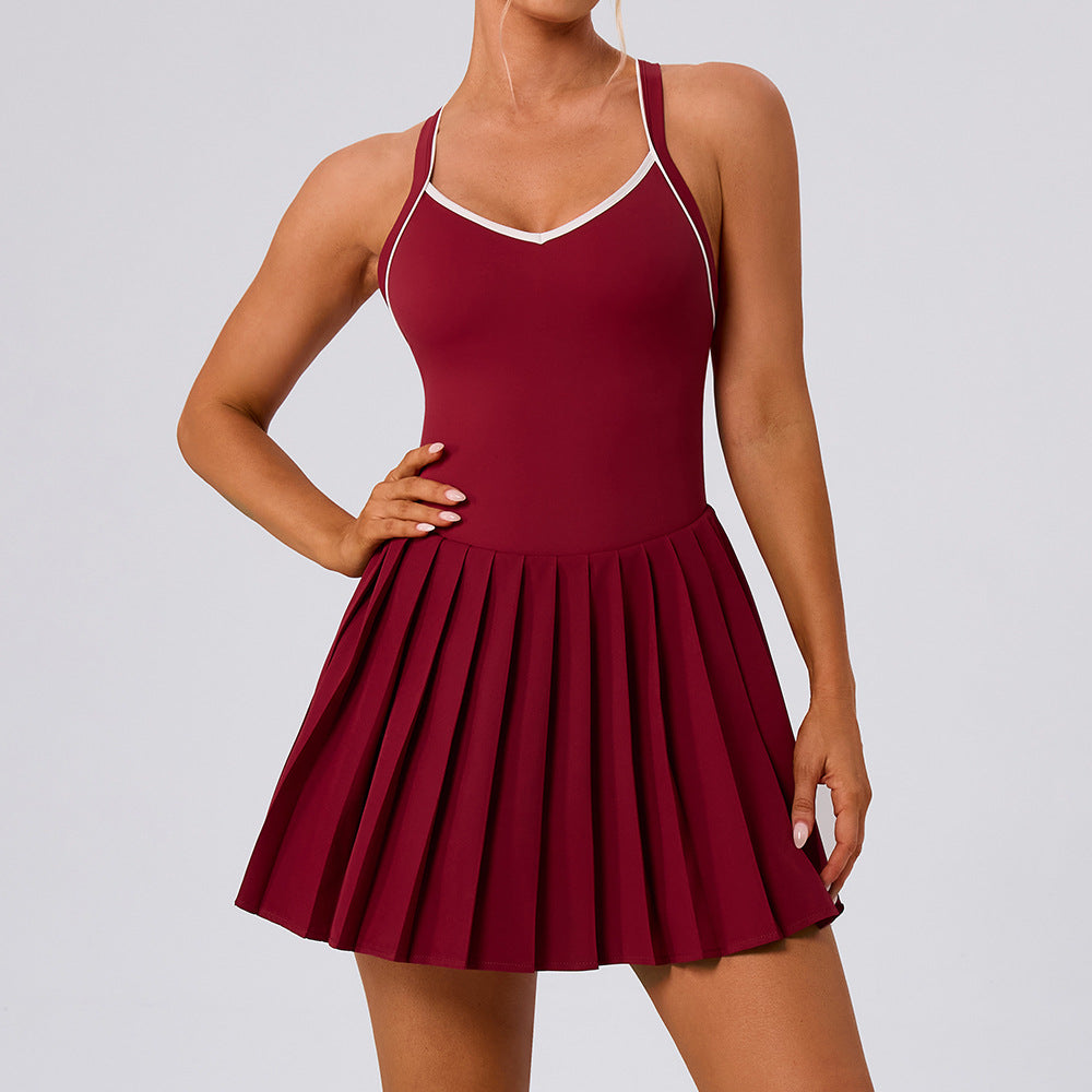 Women's Backless Contrast Color Pleated Quick-Drying Sports Dress