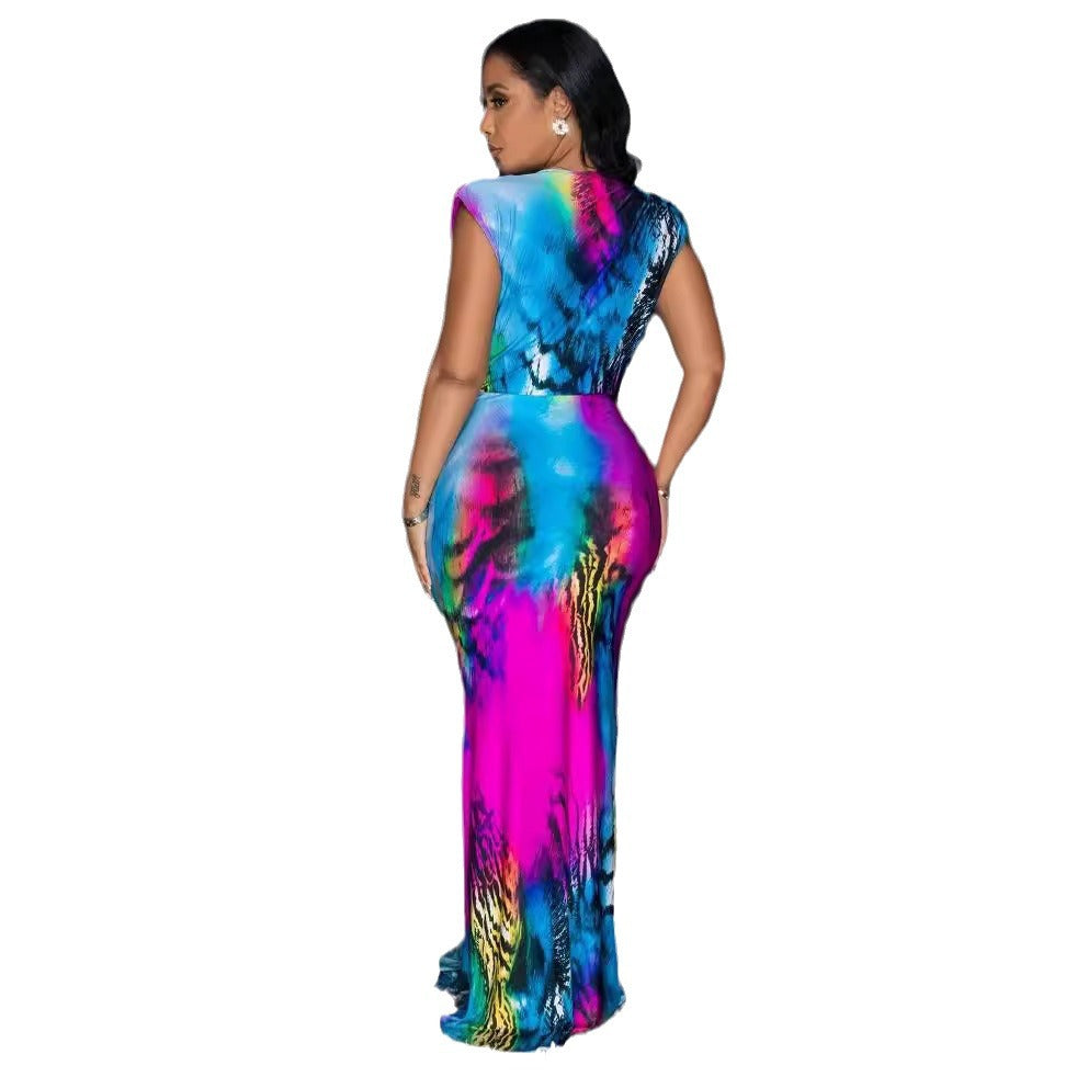 Women's Summer Sexy V-Neck Color Block Print Slim-Fit Maxi Dress