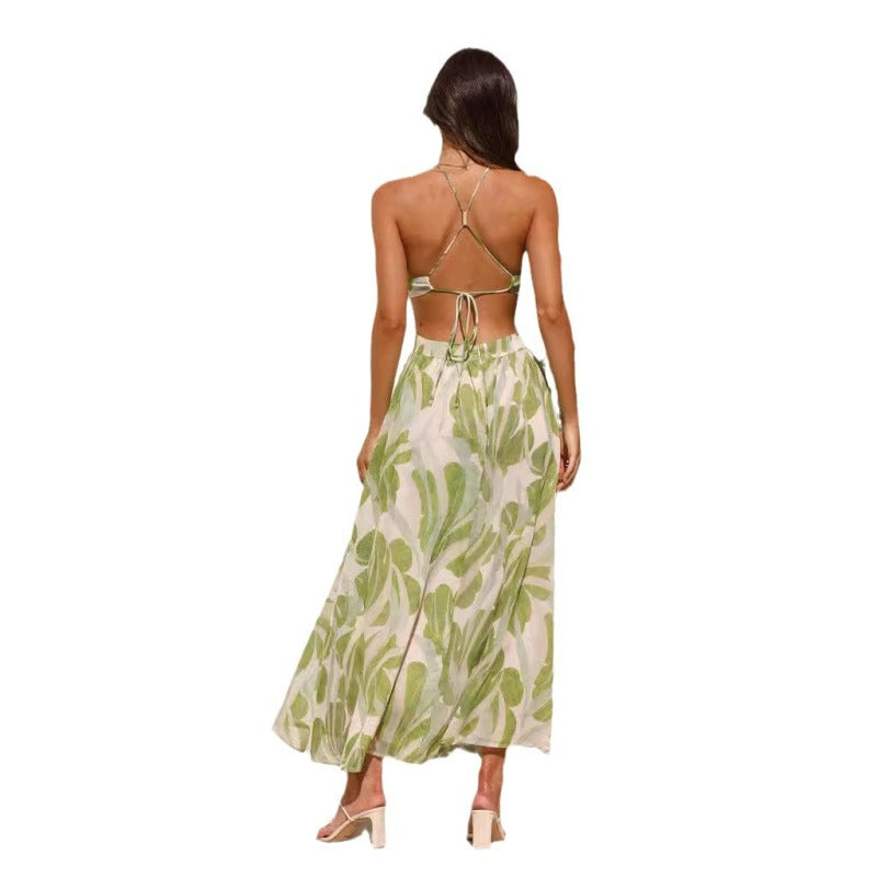Women's Vacation V-Neck Backless Lace-Up Printed Maxi Dress