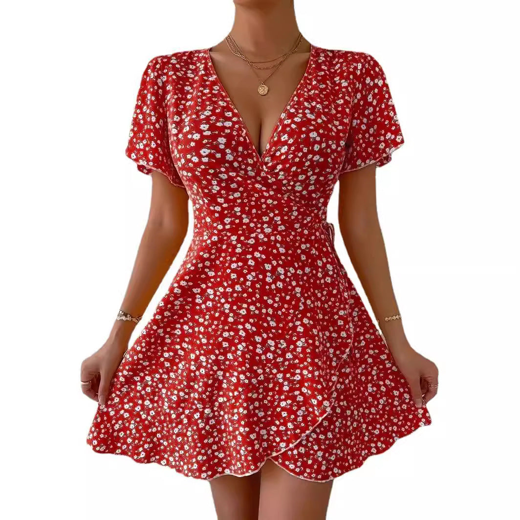 Women's Casual Floral Printed V-Neck Short Sleeve Lace-Up Waist Dress