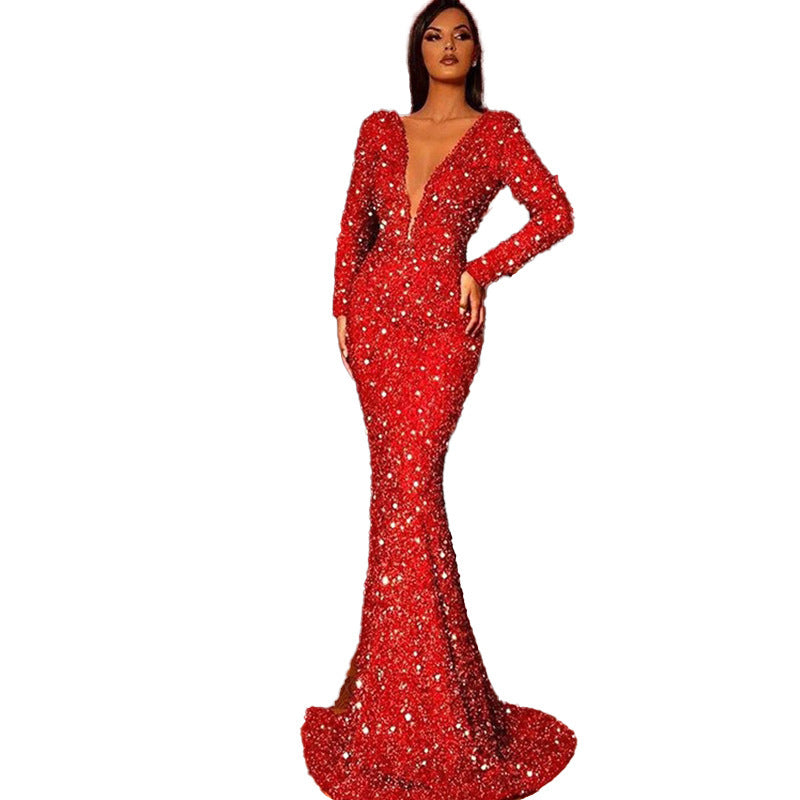 Women's Sexy Tight Deep-V-Neck Long Sleeve Sequin Fishtail Trim Dress