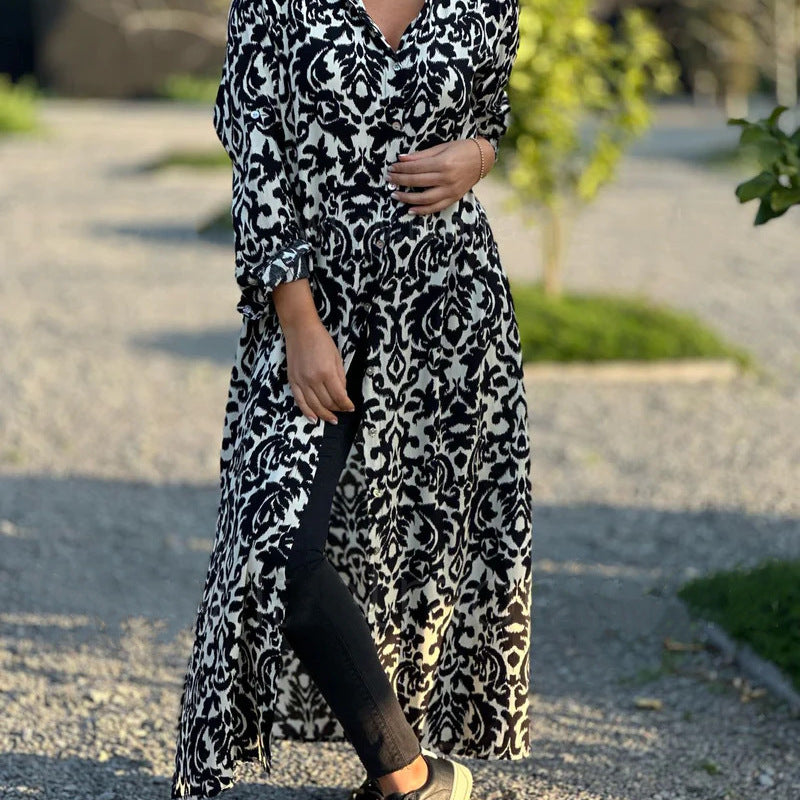 Women's Loose Casual Geometric Print Long Sleeve Shirt Dress, Plus Size