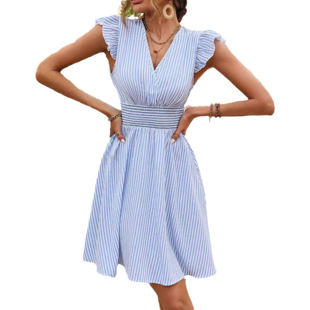 Women's Stripe Print Ruffled Sleeve A-Line Dress