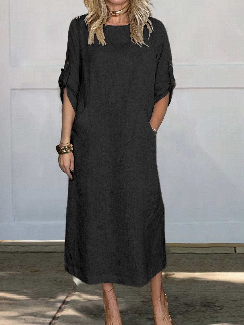 Women's Linen Solid Color Round Neck Short Sleeve Double Side Pocket Dress