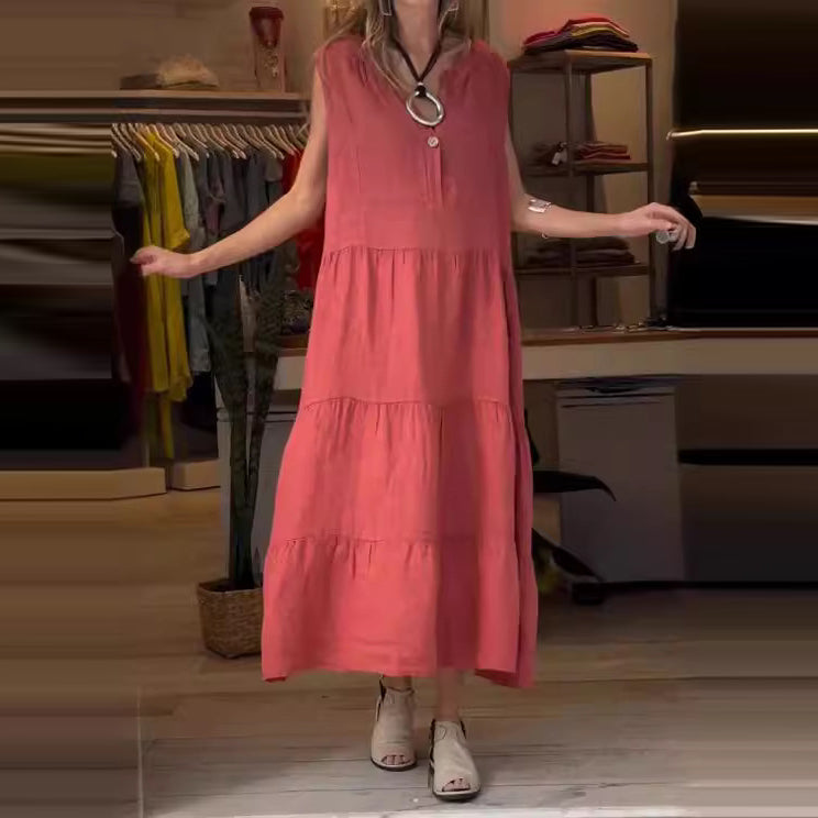 Women's Summer Casual Solid Color V-Neck Cotton and Linen Maxi Dress