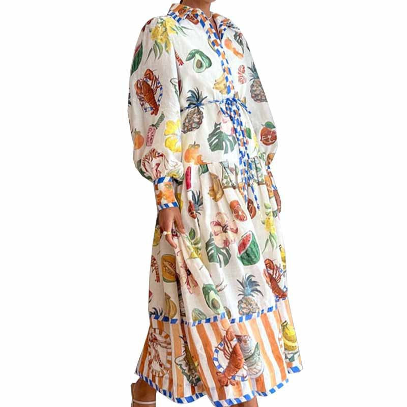 Women's Casual Fruit Floral Printed V-Neck Lantern Sleeve Midi Dress