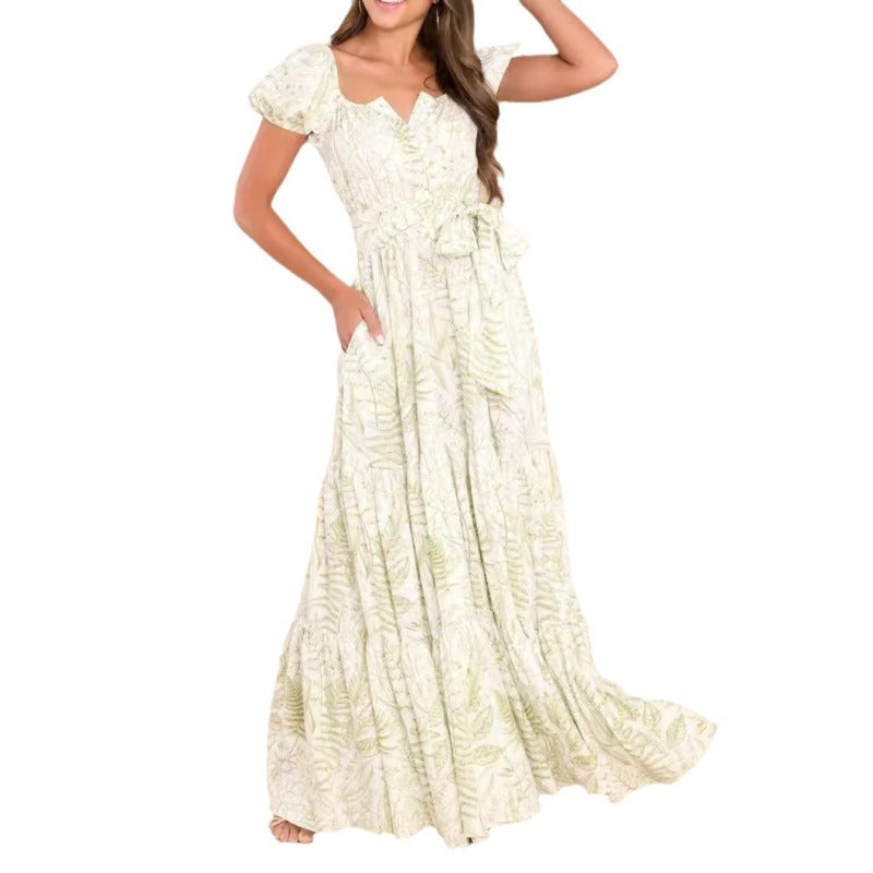 Women's Casual Printed Puff Sleeve Maxi Dress