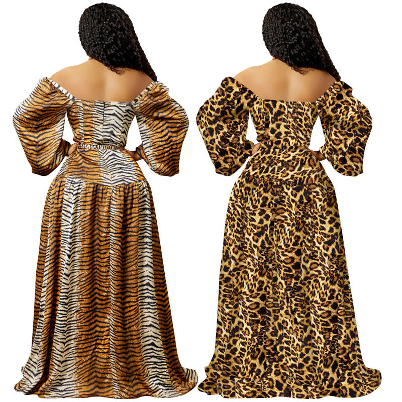 Women's Plus Size Leopard Tiger Printed V-Neck Off Shoulder Irregular Maxi Dress