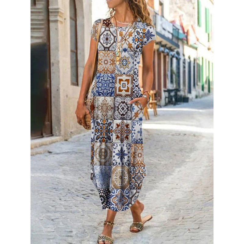Women's Casual Geometric Floral Print Round Neck Short Sleeve Maxi Dress