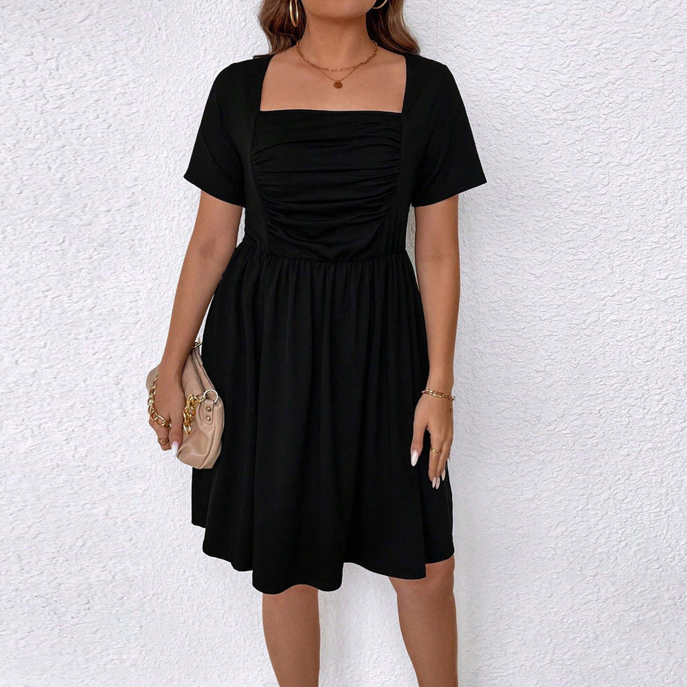 Women's Plus Size Square Collar Defined Waist Dress, Elegant Solid