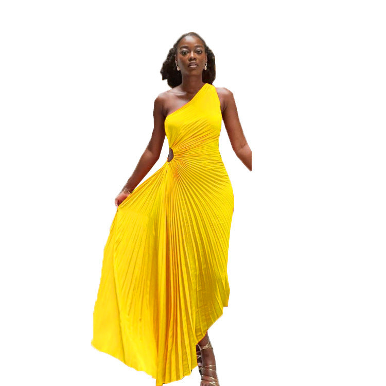 Women's One Shoulder Hollow Pressed Pleated Maxi Dress