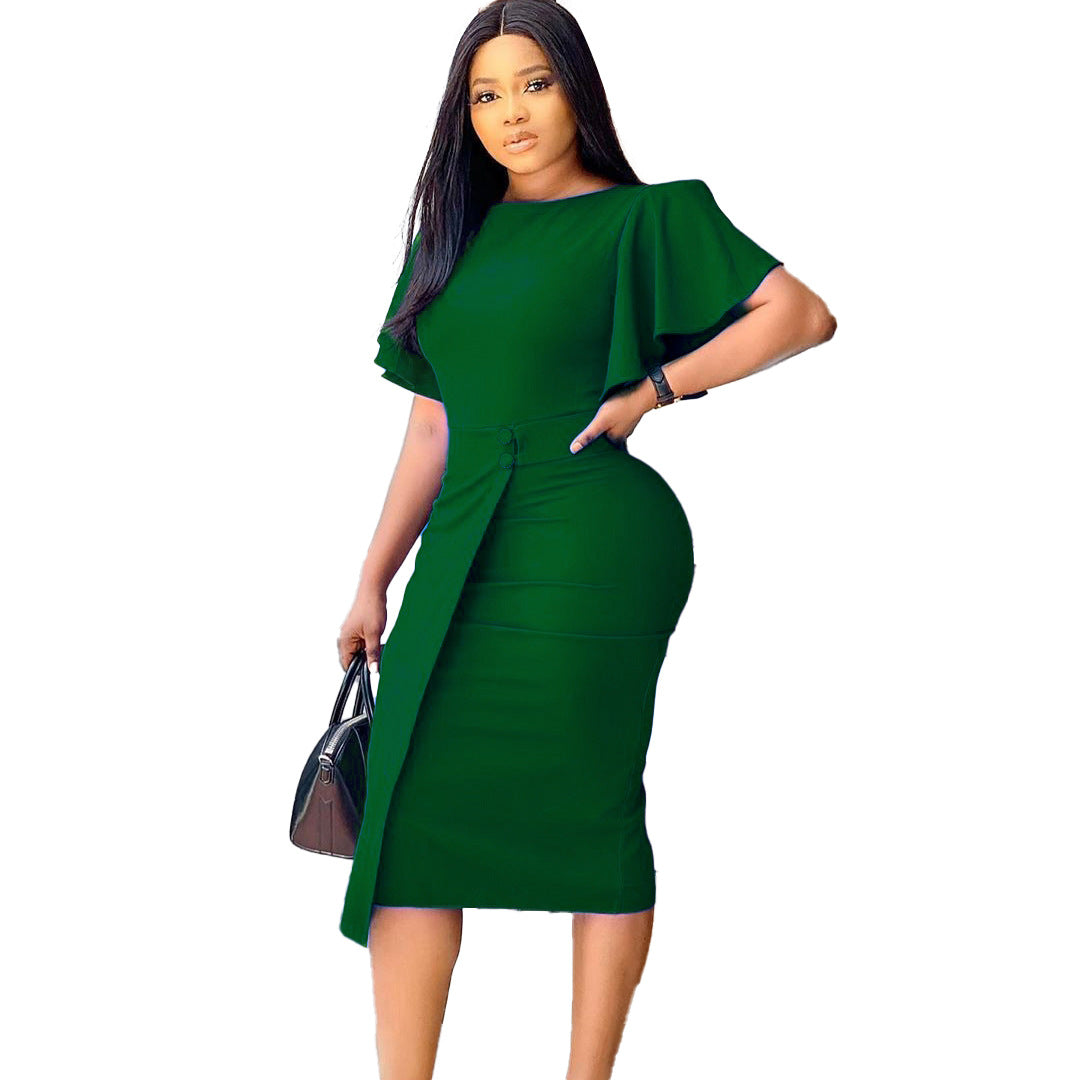 Women's Plus Size Ol African Ruffled Sleeve Tight One-Step Dress