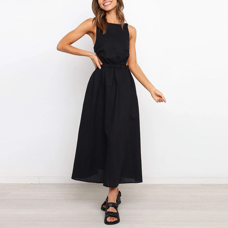 Women's Solid Color Cut Out Backless Sleeveless Midi Dress