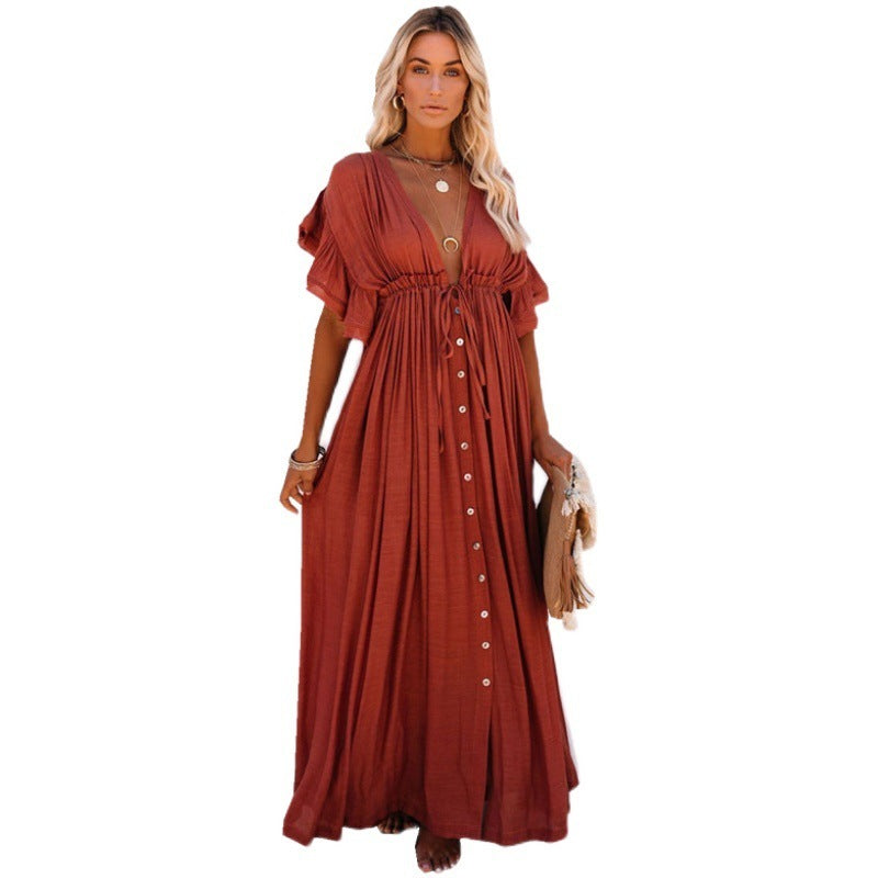 Women's Elegant Solid Color Beach Drawstring Short Sleeves Ruffled Maxi Dress