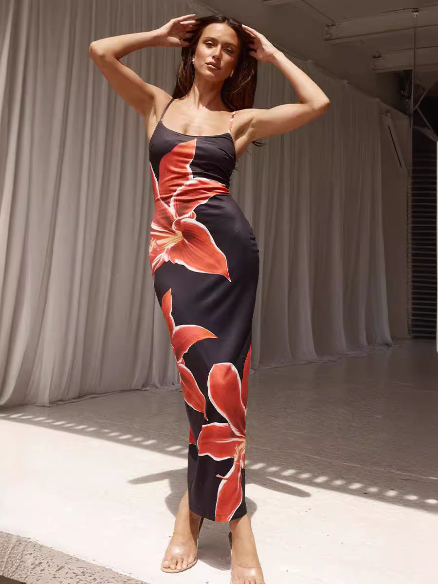 Women's Summer Sexy Floral Printed Sling Split Maxi Dress