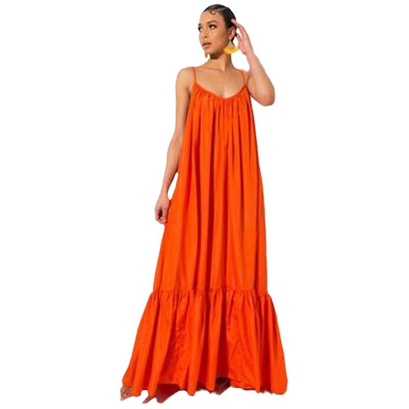 Women's Summer Loose Solid Color Sling Maxi Dress, with Pile
