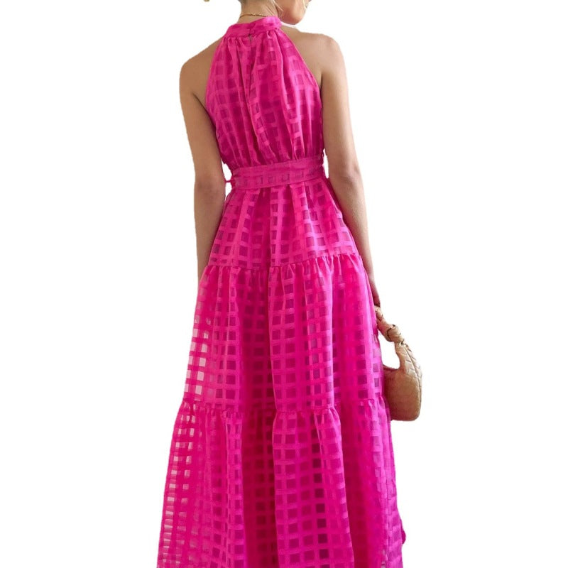 Women's Summer Solid Color Sleeveless Mid-Waist Lace-Up Large Swing Maxi Dress