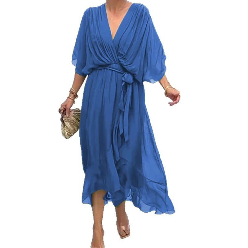 Women's Casual Irregular Solid Color Bat-Sleeve Lace-Up Loose Dress
