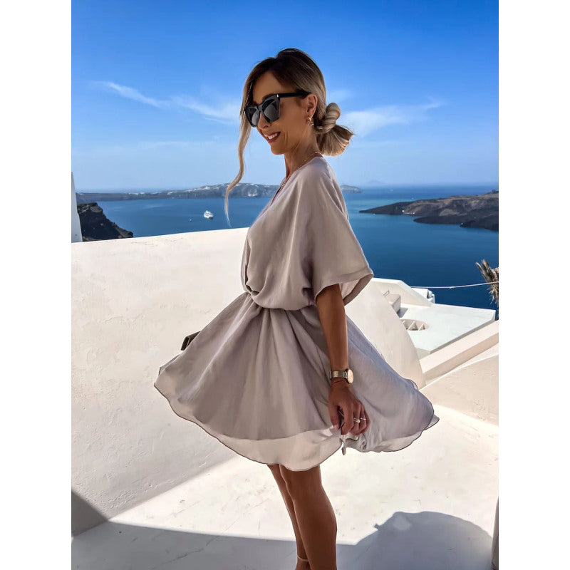 Spring Summer Solid Color Satin Loose Casual Vacation V-Neck Dress