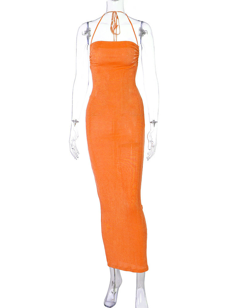 Women's Sexy Backless Lace-Up Halter Neck Slim Maxi Dress