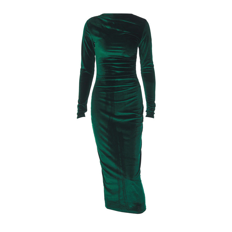 Women's Solid Color Pleated Long Sleeve Bodycon Midi Dress