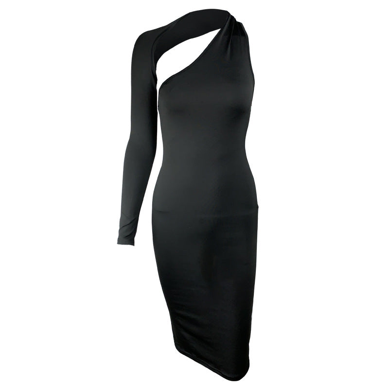 Women's Sexy Solid Color Irregular Long Sleeve Backless Slim Fit Midi Dress