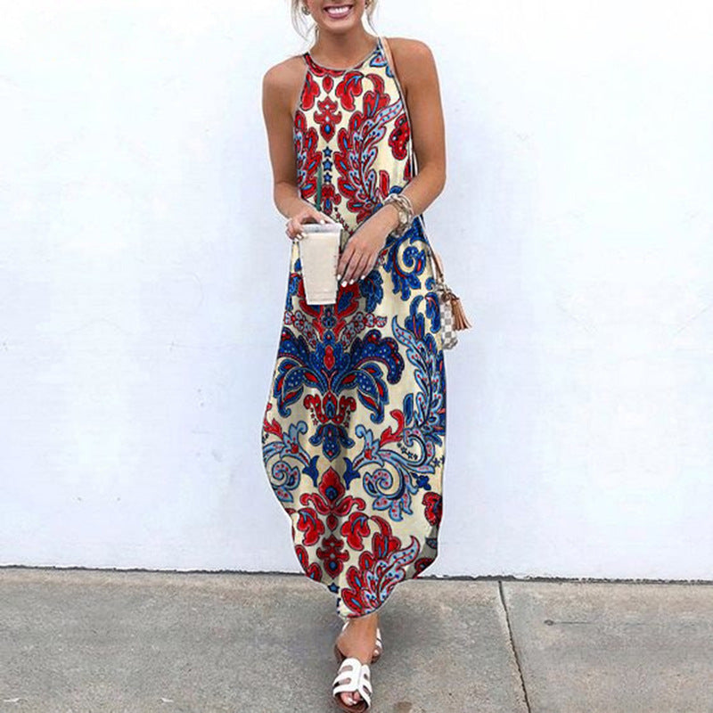 Women's Summer Boho Style Paisley Print Halter Neck Maxi Dress