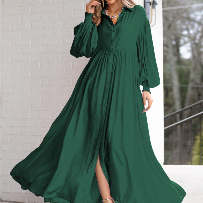 Women's Casual Solid Color Creased Long Sleeve Maxi Dress