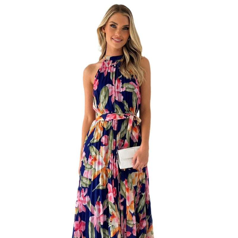 Women's Sleeveless Printed Pleated Halter Neck Maxi Dress