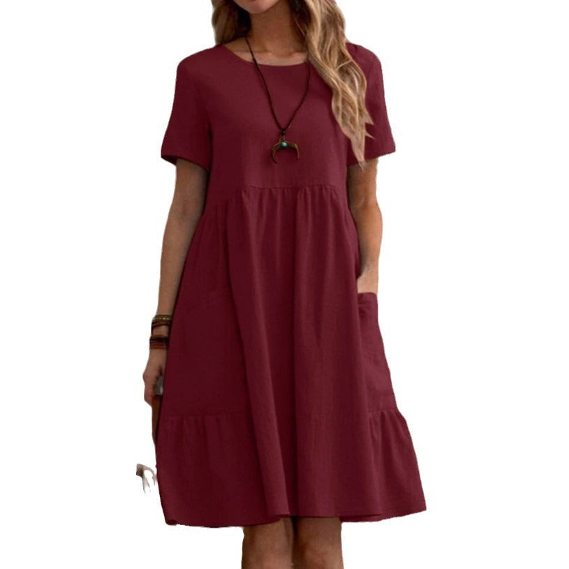 Women's Casual Cotton Linen Loose Solid Color Round Neck A-Line Dress